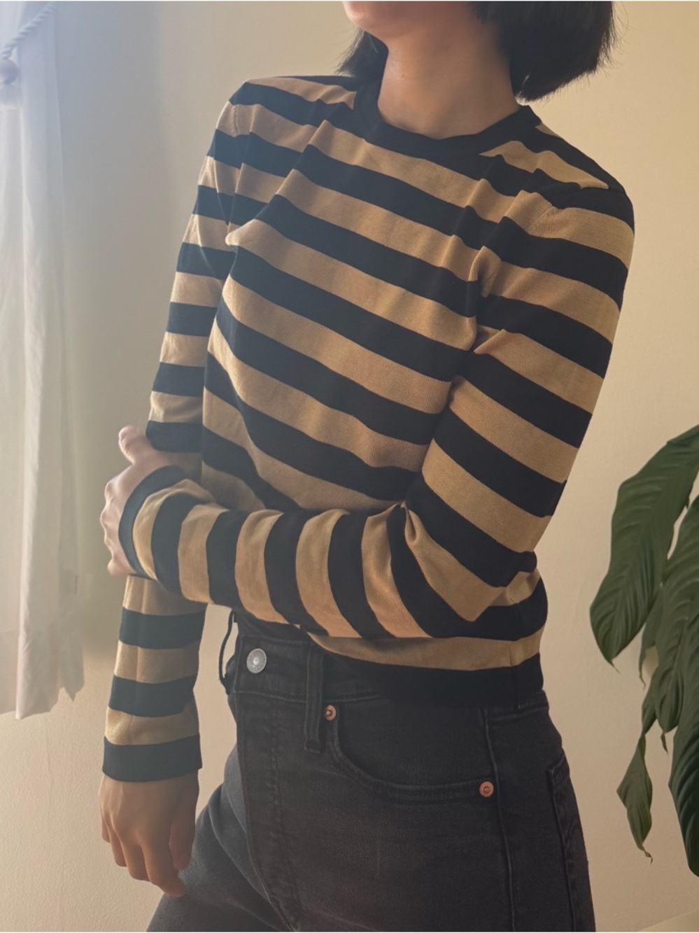 Vintage Jones New York Silk Blend Black And Beige Stripe Sweater Top Size XS/SP